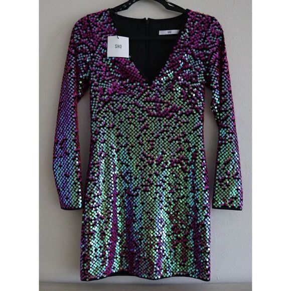 SHO x Tadashi Shoji Sz XXS Hot Pink Long Sleeve Paillette Body-Con Dress - Picture 2 of 16